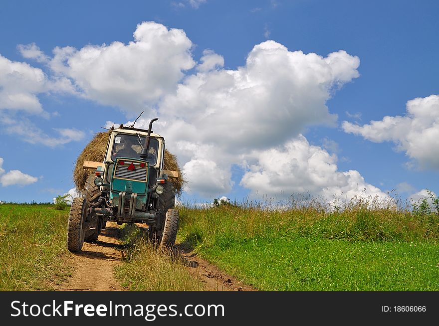 A tractor with the trailer the loaded hay in a summer rural landscape with a young clover and white clouds. A tractor with the trailer the loaded hay in a summer rural landscape with a young clover and white clouds