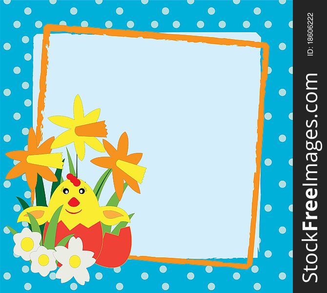 Easter frame with painted eggs, chick and flowers. Easter frame with painted eggs, chick and flowers