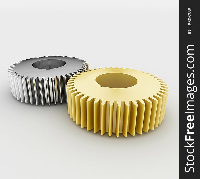 A group of 3d maded gears on a grey background.