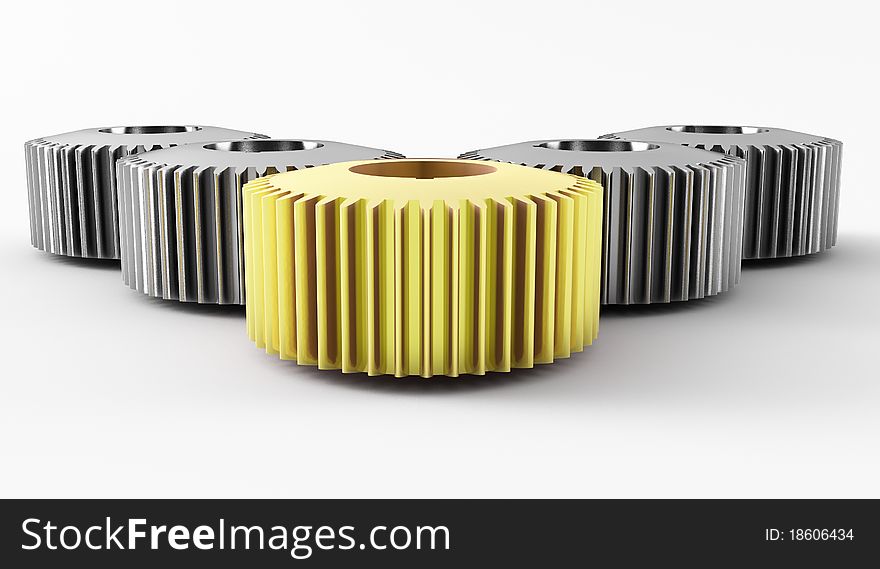 A group of 3d maded gears on a grey background.