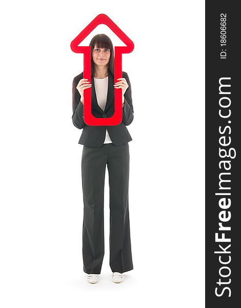 Businesswoman directory red arrow, on white background. Businesswoman directory red arrow, on white background.