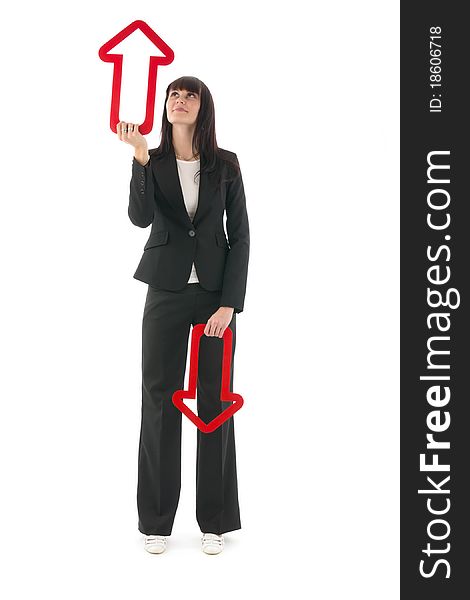 Businesswoman with two red arrow one upward and alternative down, on white background. Businesswoman with two red arrow one upward and alternative down, on white background.