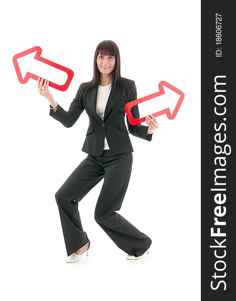 Businesswoman directory red arrow, on white background. Businesswoman directory red arrow, on white background.