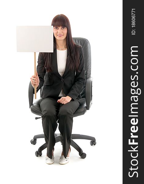 Sales woman with empty place on wheelchair and white background.