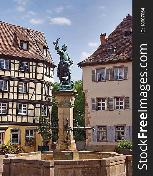 A fountain and a monument. Alsace. Colmar. France
