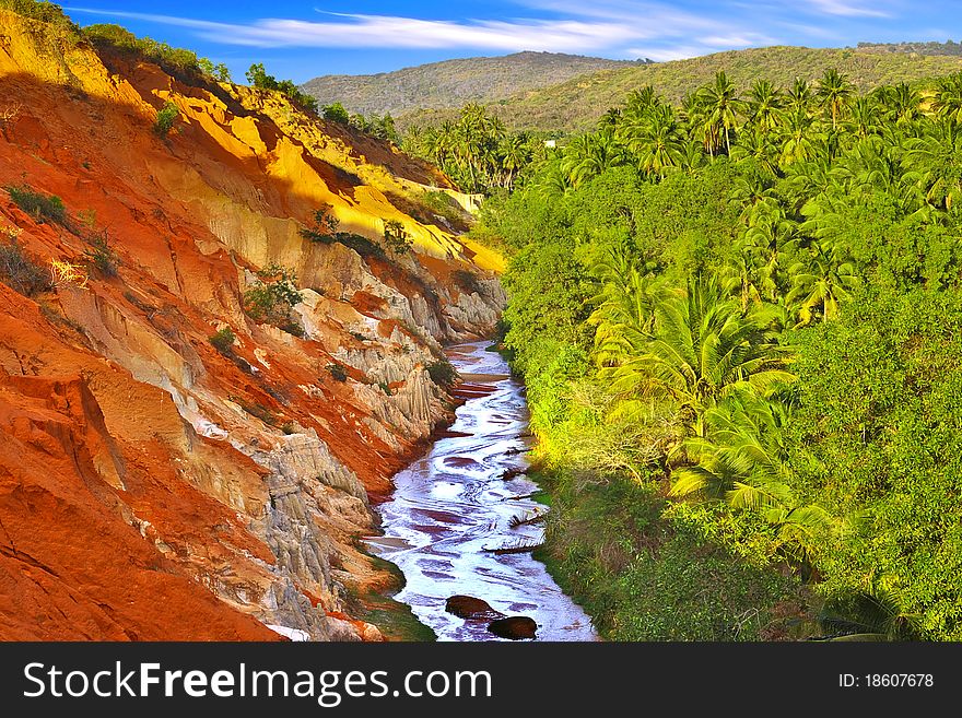 Picturesque tropic landscape with river.