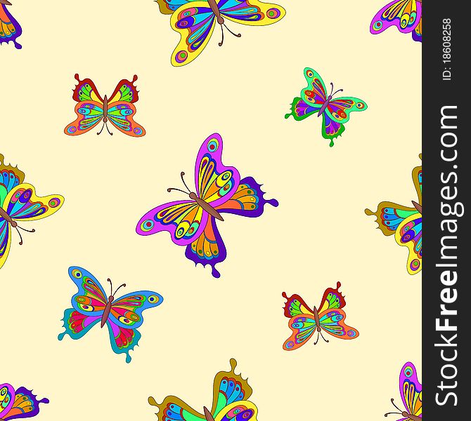 Vector seamless background, multi-coloured butterflies with opened wings. Vector seamless background, multi-coloured butterflies with opened wings