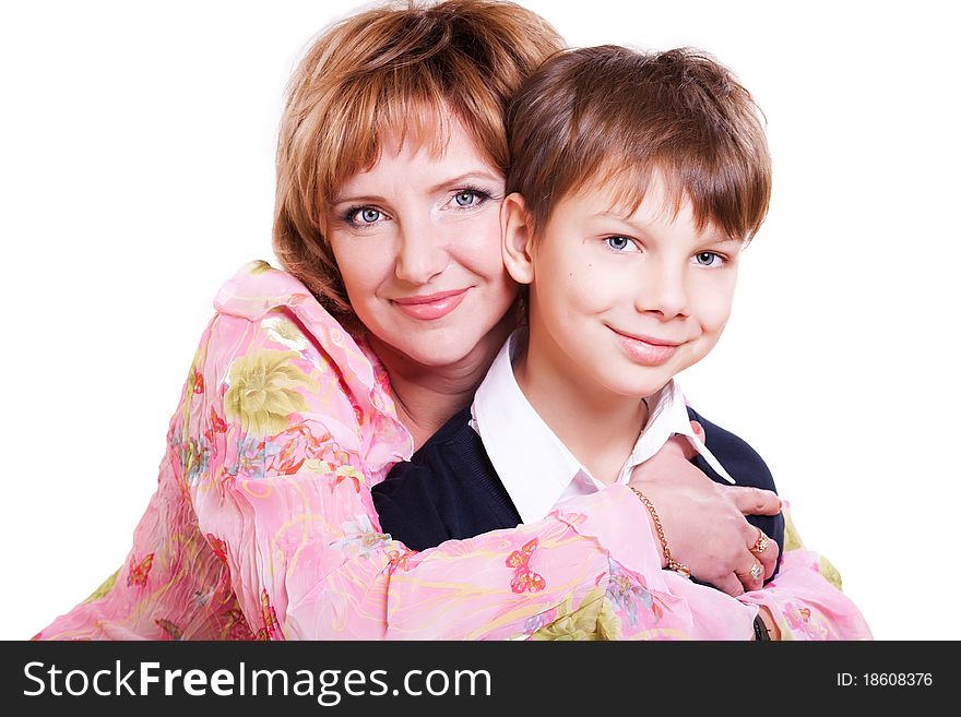 Portrait of mother and 9 year old son isolated on white