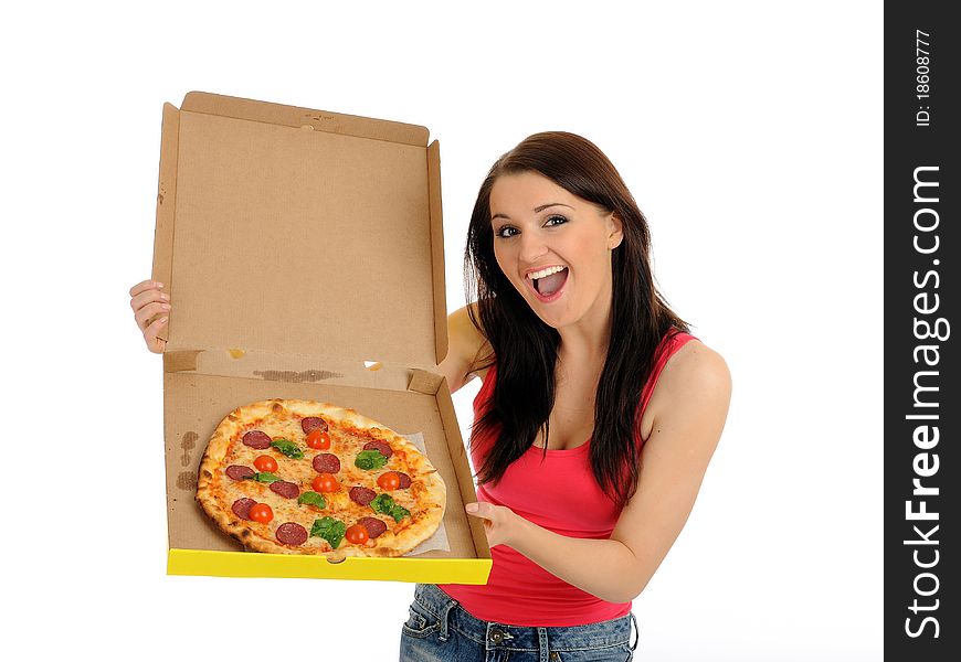 Pretty young casual girl with tasty pizza in delivery paper box. isolated on white background. Pretty young casual girl with tasty pizza in delivery paper box. isolated on white background