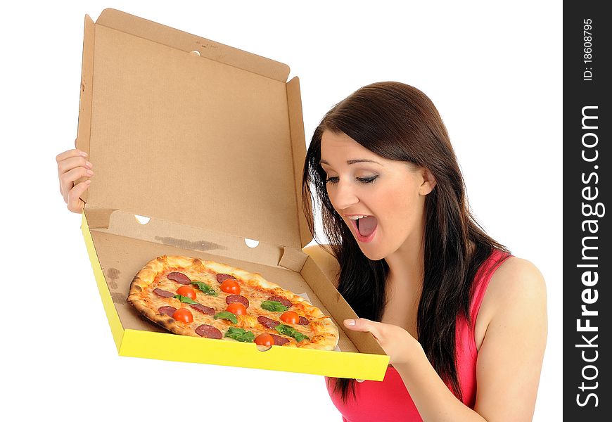 Pretty young casual girl with tasty pizza in delivery paper box. isolated on white background. Pretty young casual girl with tasty pizza in delivery paper box. isolated on white background