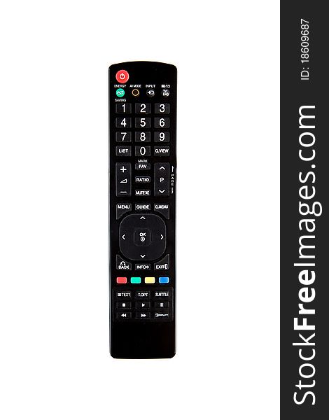 Black tv remote control, isolated on white background