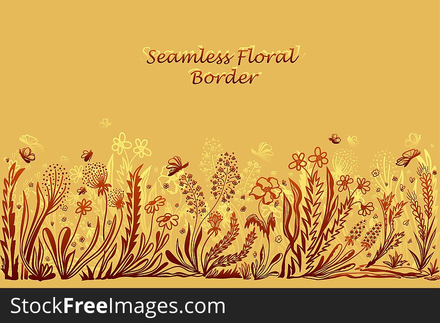 Background With Seamless Border In Floral Style Brown On Beige