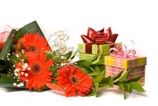 Magnificent Bouquet And Present Boxes Royalty Free Stock Photography Magnificent Bouquet And Present Boxes Royalty Free Stock Photography