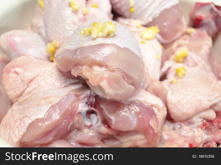 Photo of slices of the cut meat of a hen. Photo of slices of the cut meat of a hen.