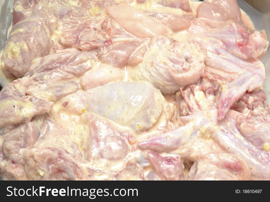 Photo of slices of the cut meat of a hen. Photo of slices of the cut meat of a hen