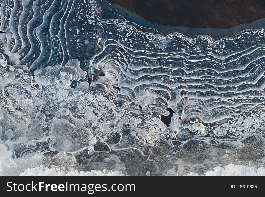 Texture of frozen water on the riverwith bubbles