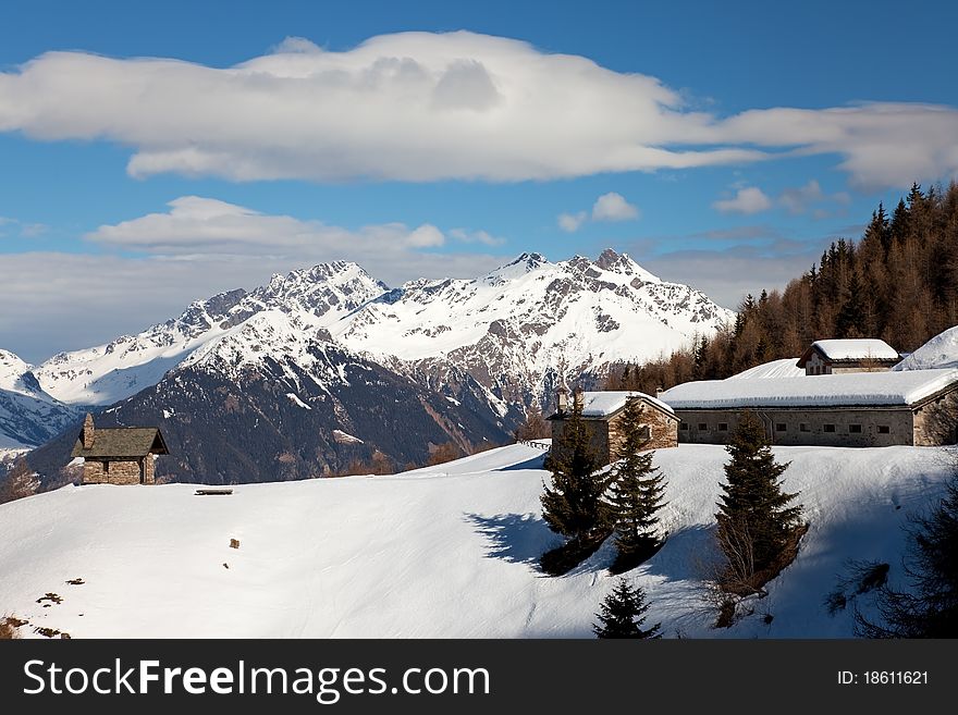 Farm in the North of Italian Alps during winter, Brixia province, Lombardy region, Italy. Farm in the North of Italian Alps during winter, Brixia province, Lombardy region, Italy