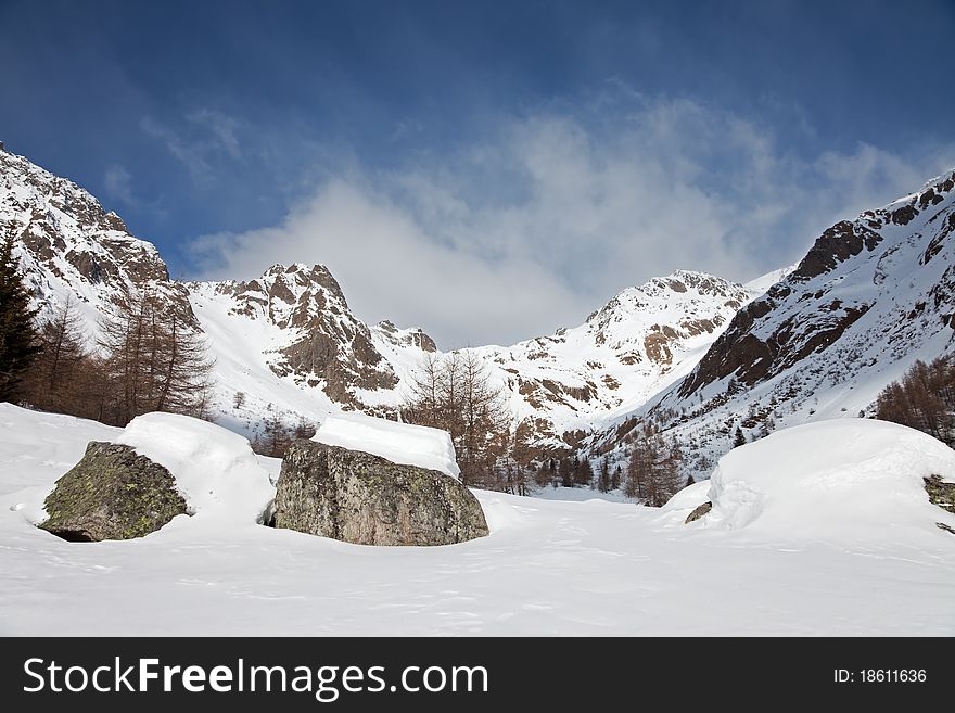 Icy Valley. Top of Cane’s Valley during winter, before a snowfall. Brixia province, Lombardy region, Italy