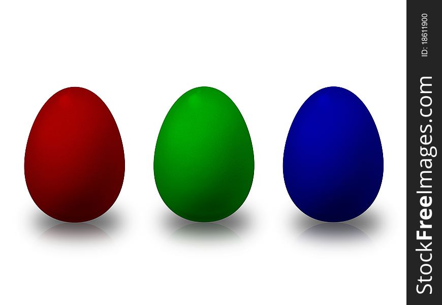 The image shows a red, a green and a blue easter egg over white