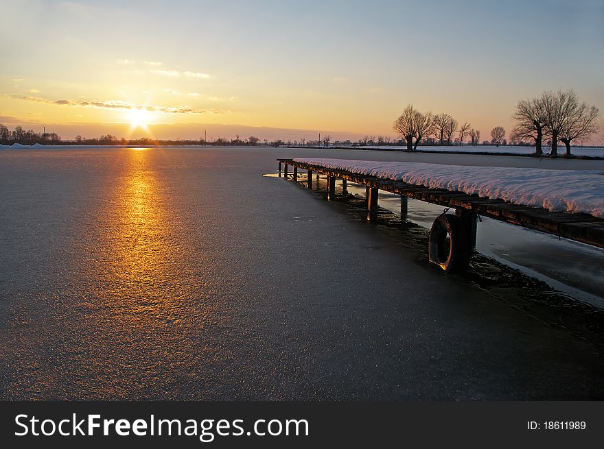 Winter night by the lake