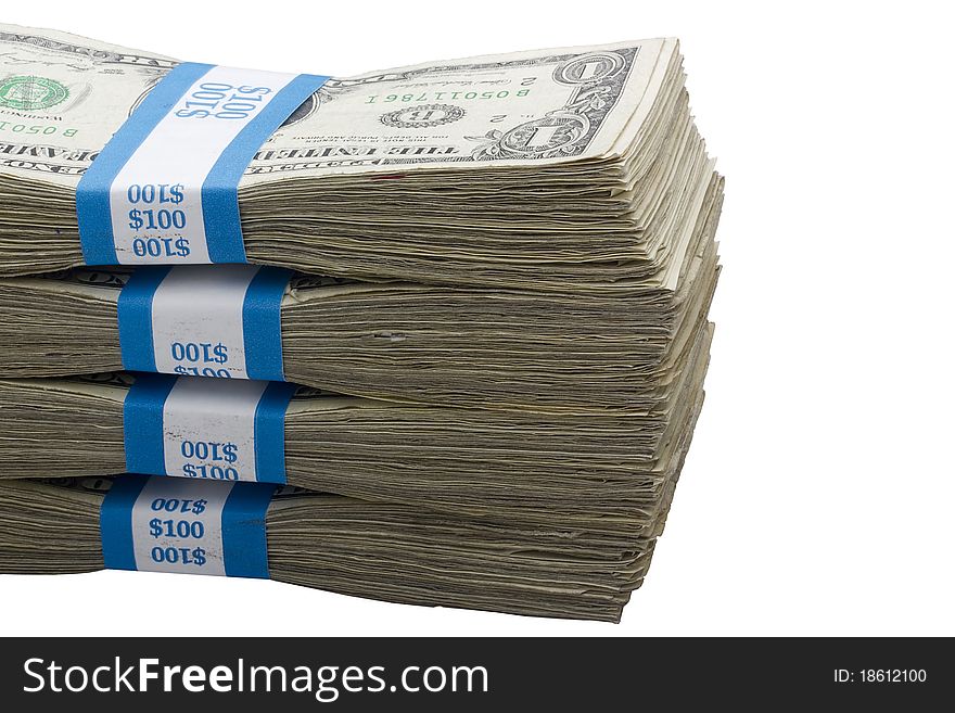 Stack of American dollars against a white background.