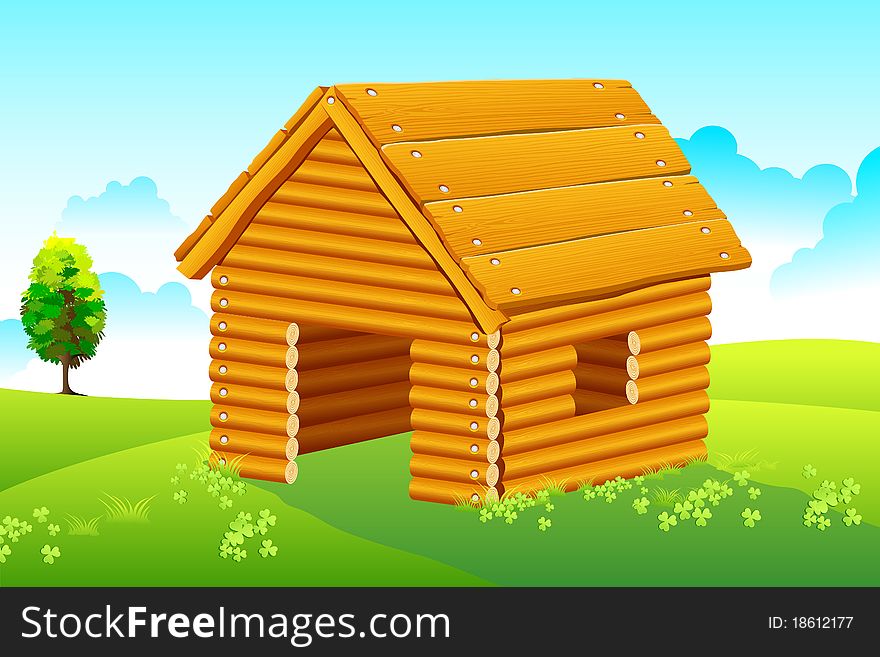 Illustration of wooden home in natural landscape. Illustration of wooden home in natural landscape