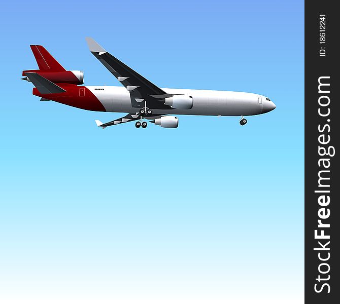 3D rendering of plane flying in blue sky