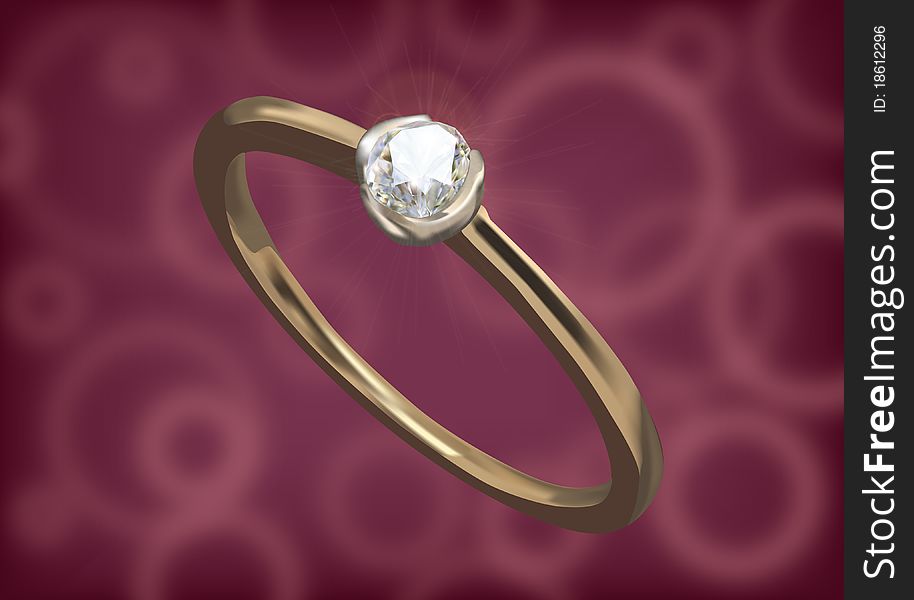 Magnificence gold ring with charm bright diamond on pattern background