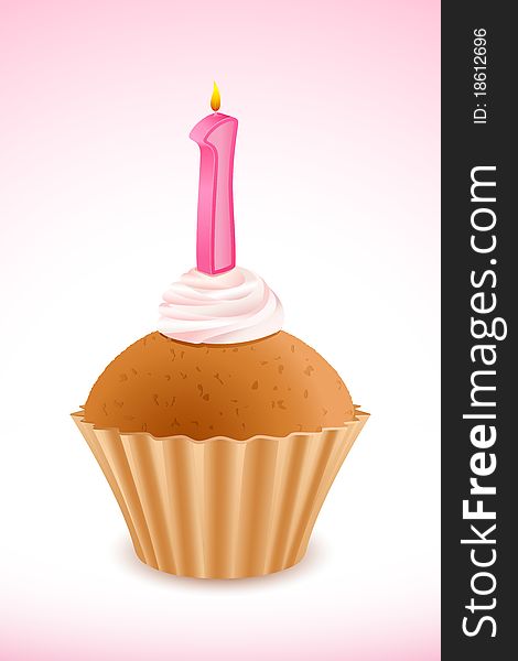 Illustration of cup cake with birthday candle on it. Illustration of cup cake with birthday candle on it