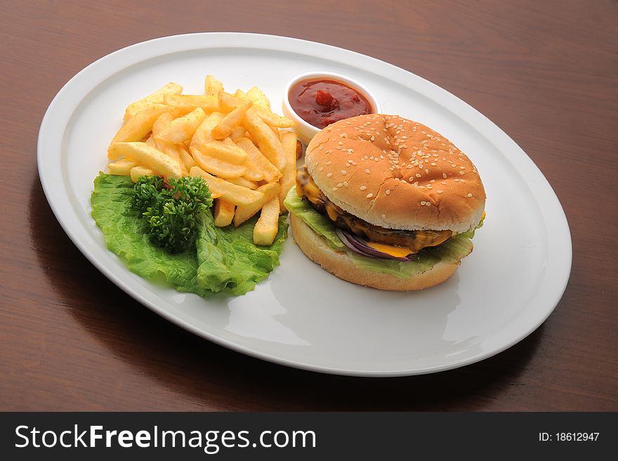 Fast foodburger, French fried potatoes,