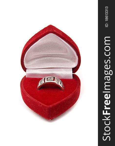 Classic silver ring in red box isolated on a white