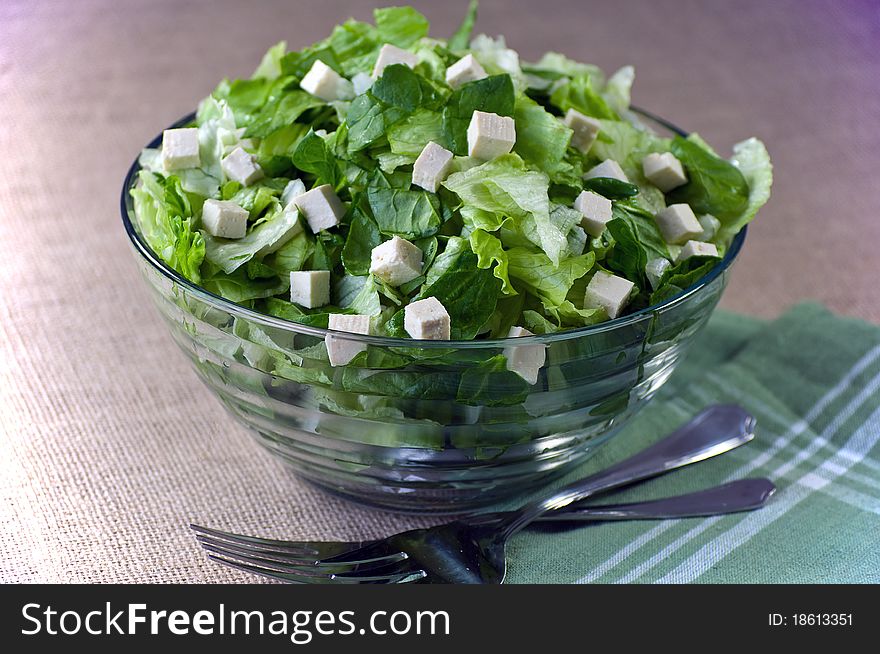 Spinach , Romain Lettuce iand Toffu n a Glass Bowl. Spinach , Romain Lettuce iand Toffu n a Glass Bowl