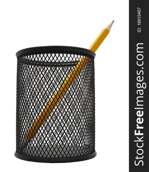 Pencil in a black pot isolated on a pure white background