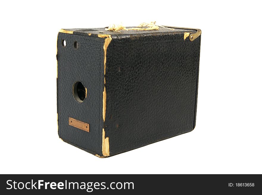 Black vintage box camera with worn edges