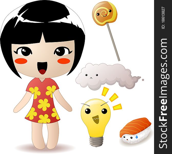 Set of 5 vector illustrations in kawaii (japan's cute) style. Set of 5 vector illustrations in kawaii (japan's cute) style.