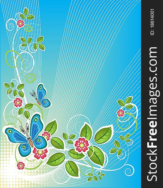 Blue background with flowers, butterflies and leaves. Blue background with flowers, butterflies and leaves.