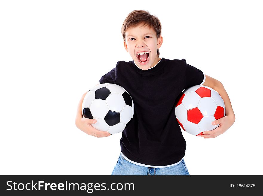 Portrait of a boy with a ball. Isolated over white background. Portrait of a boy with a ball. Isolated over white background.