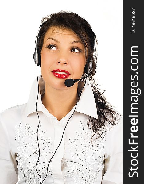 Portrait of female call centre wearing headset against white