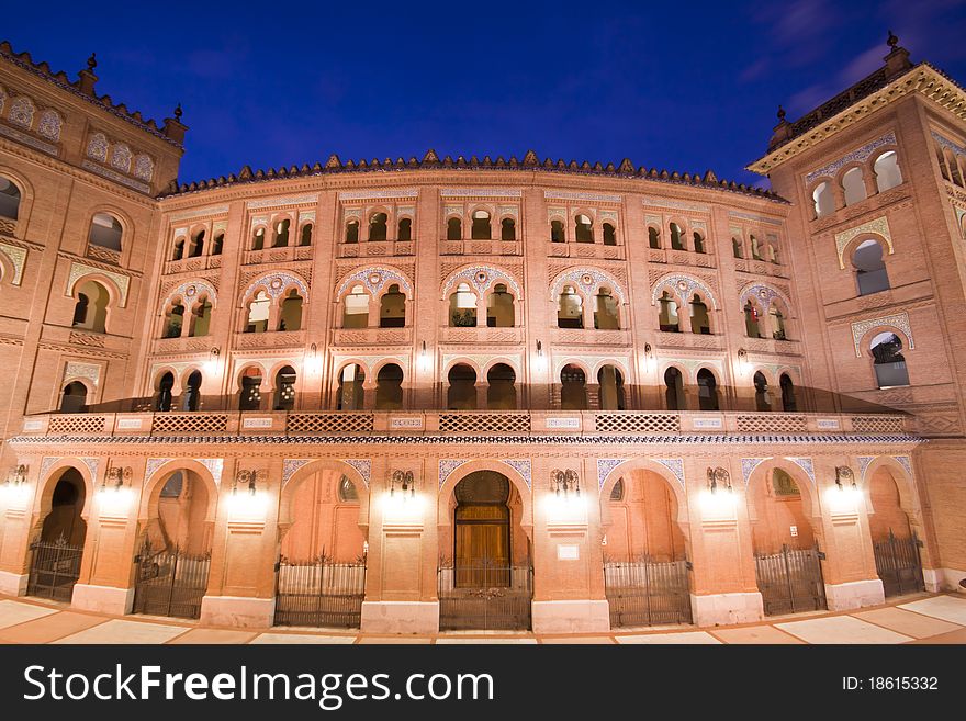 Las Ventas, Madrid's bullfighting arene shot at dusk.