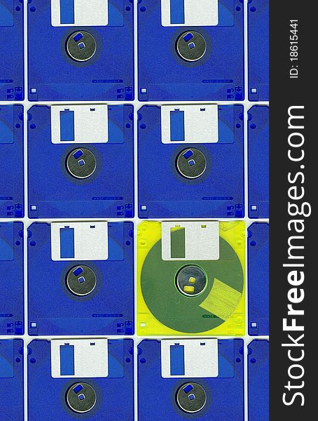 Collage whit blue and yellow micro floppy disc. Collage whit blue and yellow micro floppy disc