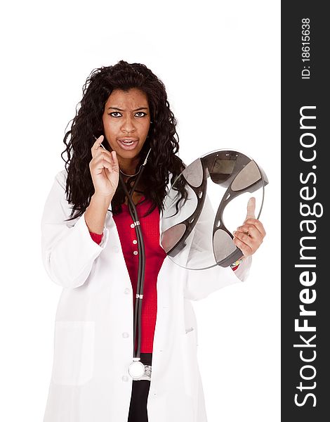 Woman doctor scales holding mad