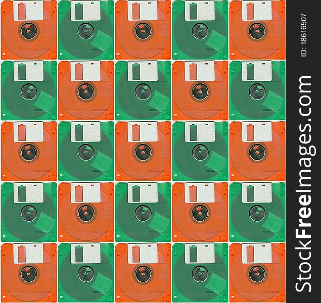 Collage whit green and orange micro floppy disc. Collage whit green and orange micro floppy disc