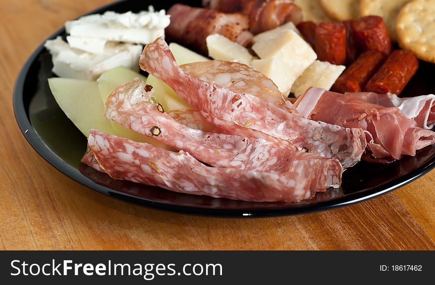 Closeup of salami on a buffet plate