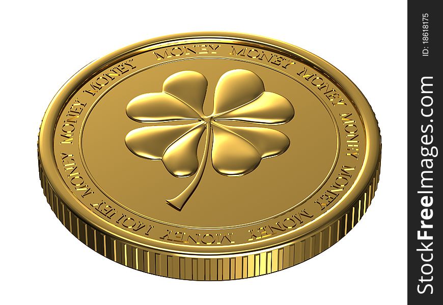 Happy gold coin depicting the clover leaf. Happy gold coin depicting the clover leaf.