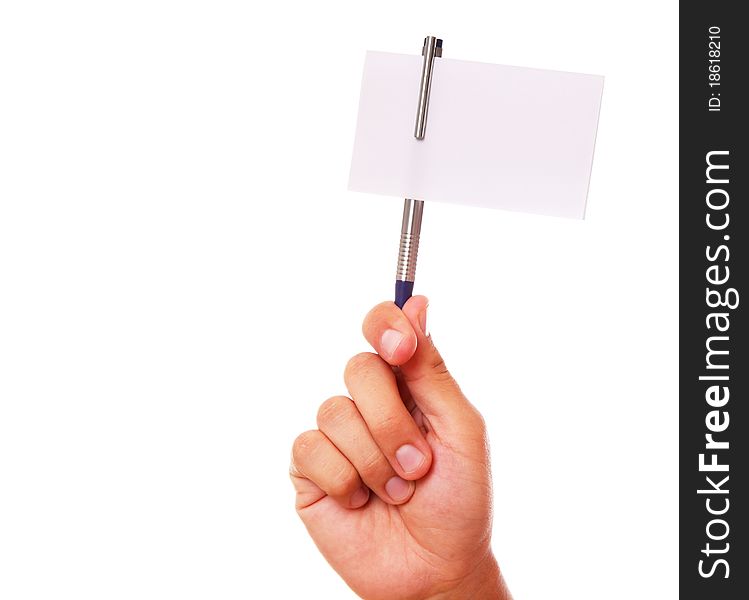 Hand with a pen and a white card and space in blank for insert text or design. Hand with a pen and a white card and space in blank for insert text or design