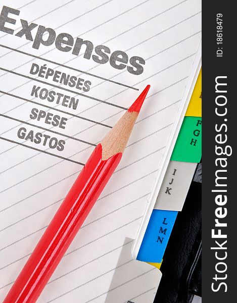 Expenses book page or record and a red pencil, shown as working on expenses, cost, saving, charge, payout, consumption, purchasing and other related business concept. Expenses book page or record and a red pencil, shown as working on expenses, cost, saving, charge, payout, consumption, purchasing and other related business concept.