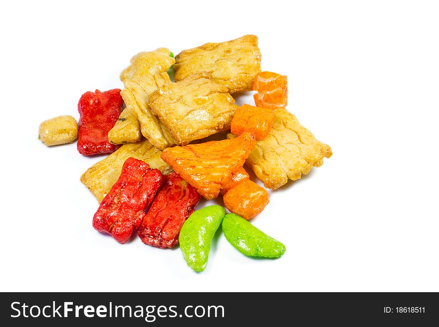 Colorful rice snacks isolated on white background.