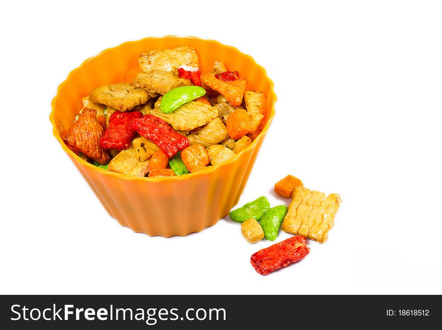 A serving of rice snacks isolated against a white background.