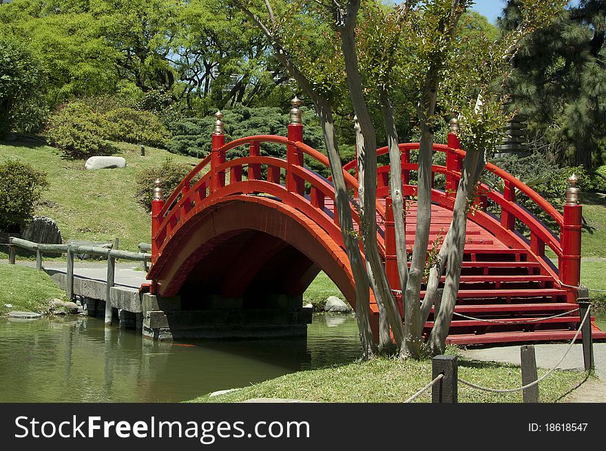 Red Japanese Bridge over the rives