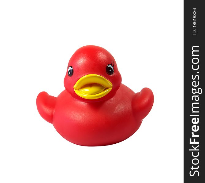 A little red rubber ducky isolated on a white background.
